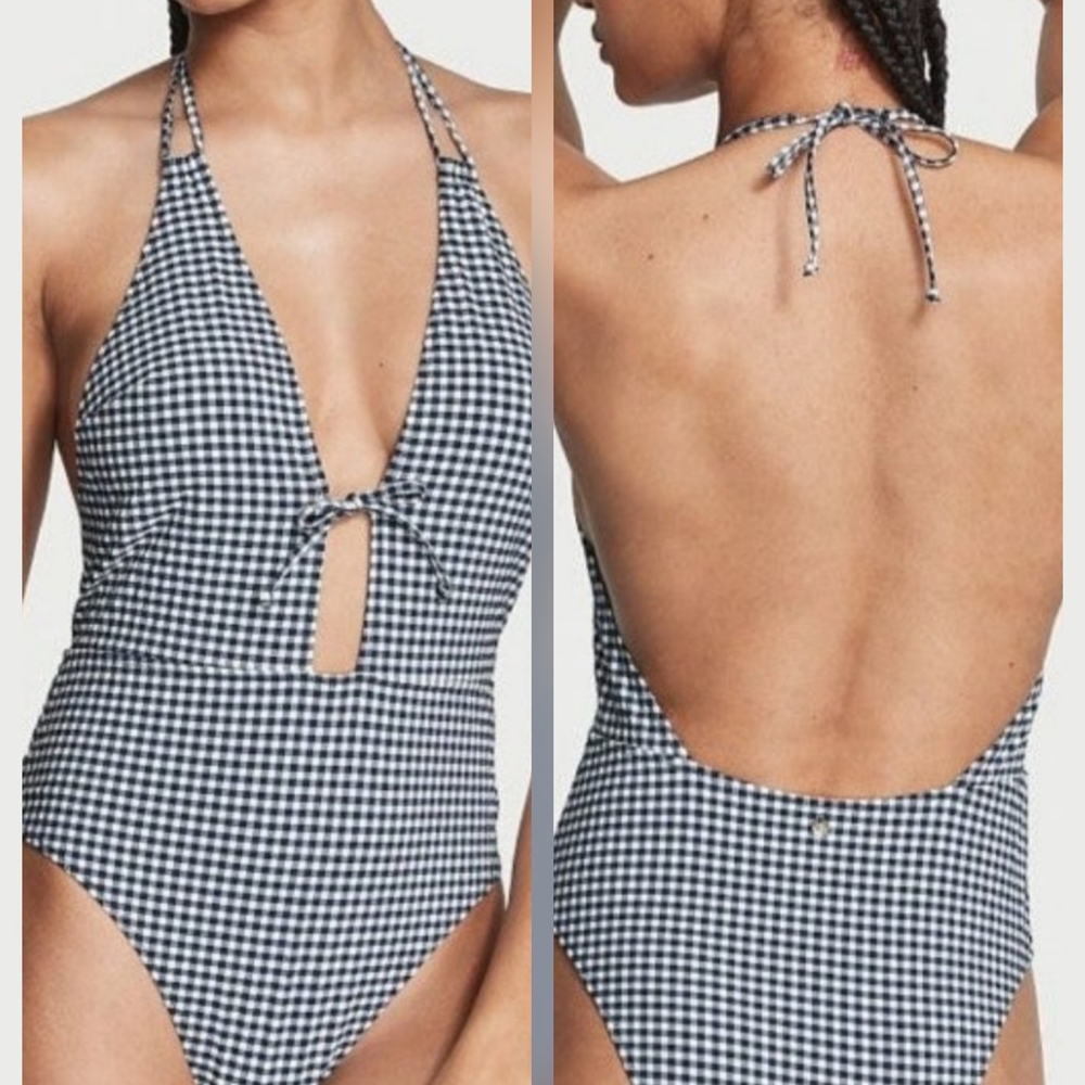 Victoria's Secret Black and White One Piece Swimsuit with Plunging V-neck